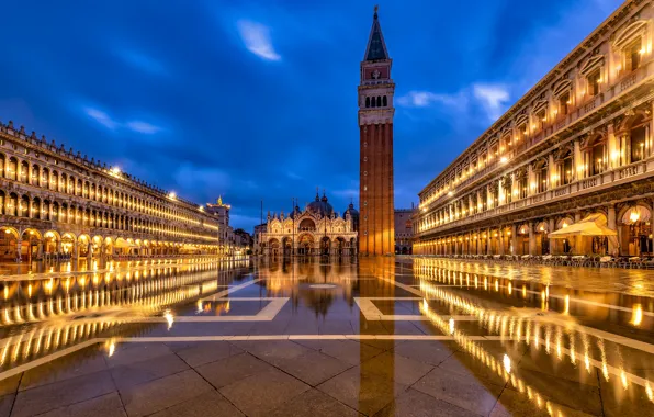 Картинка здания, башня, площадь, Италия, Венеция, собор, ночной город, Italy