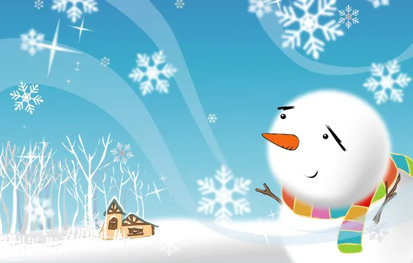 Картинка зима, деревья, снежинки, дом, праздник, рисунок, новый год, шарф