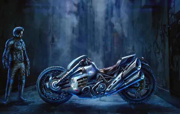 Мужик, мотоцикл, переулок, Sci-Fi Bike