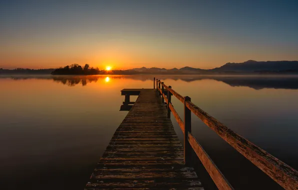 Картинка озеро, восход, рассвет, утро, Германия, Бавария, мостик, Germany
