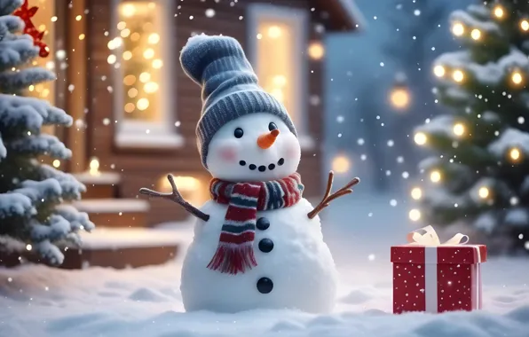 Картинка зима, снег, снежинки, елка, Новый Год, Рождество, снеговик, happy