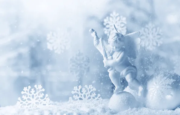 Картинка снег, снежинки, шарик, фигурка, ангелочек, снежки