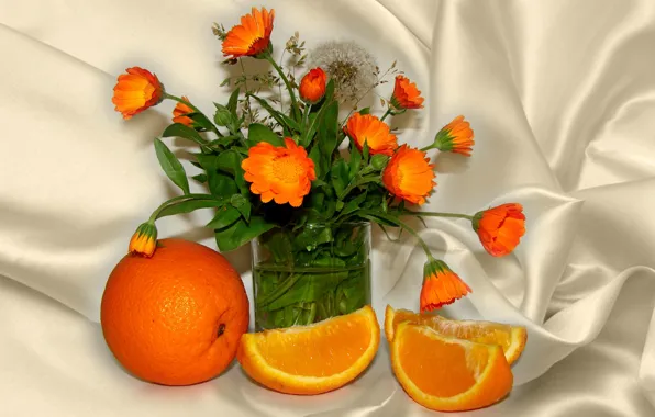 Картинка лето, цветы, апельсин, натюрморт, календула, оранжевый цвет, авторское фото Елена Аникина