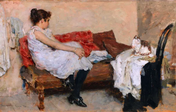 Девушка, Диван, Кот, Картина, Камилло Инноченти, Camillo Innocenti, Созерцание, Итальянский живописец