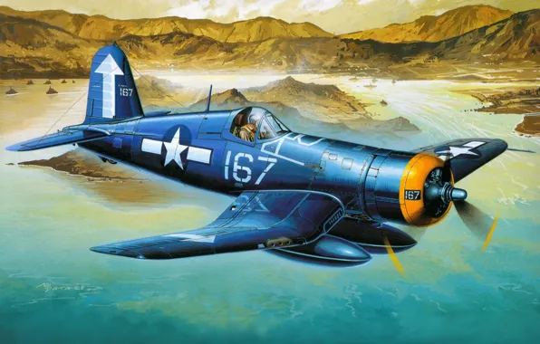 Картинка авиация, истребитель, арт, самолёт, американский, палубный, F4U-1D