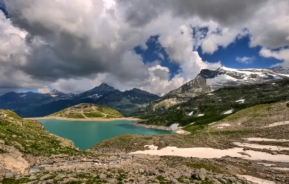 Картинка небо, облака, снег, горы, озеро