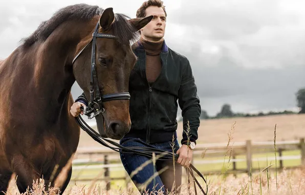 Картинка взгляд, лошадь, куртка, мужчина, Henry Cavill