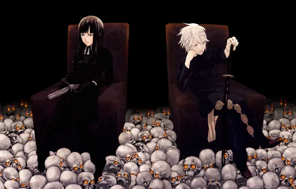 Пистолет, катана, черепа, много, горящие глаза, в темноте, Karasuma Kyouna, Kirio Uchida