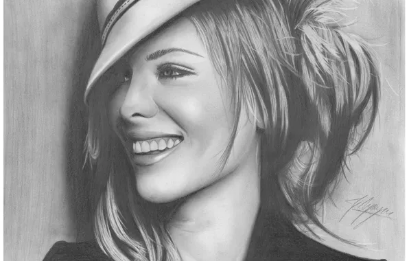 Девушка, лицо, улыбка, рисунок, портрет, шляпа, актриса, Kate Beckinsale