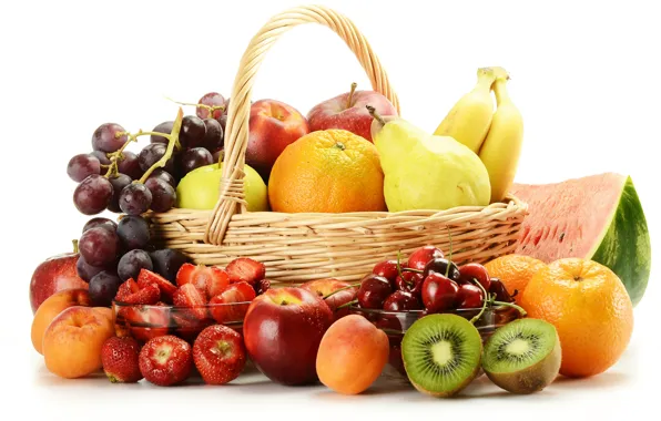 Ягоды, яблоки, апельсины, арбуз, киви, клубника, виноград, бананы