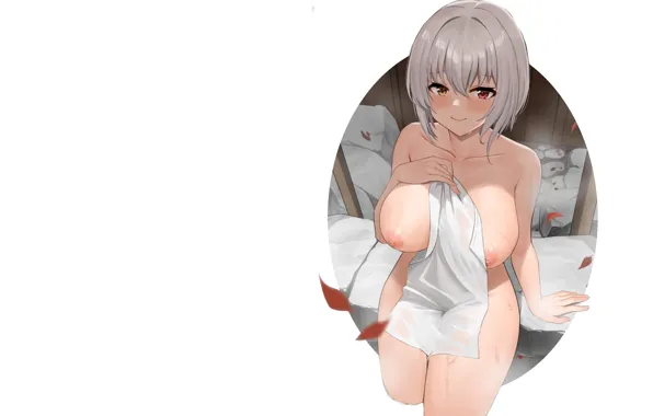 Girl, hot, sexy, wet, boobs, smile, anime, red eyes