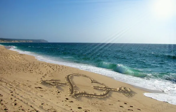 Песок, пляж, любовь, романтика, сердце, рисунок, love, sunshine