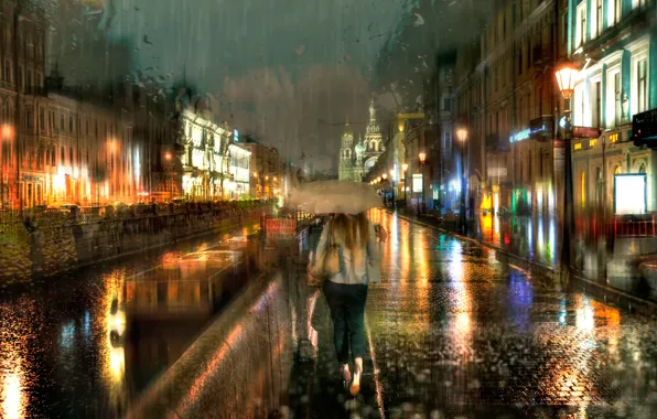 Осень, девушка, капли, зонт, Санкт-Петербург, сентябрь, сентябрьский дождь