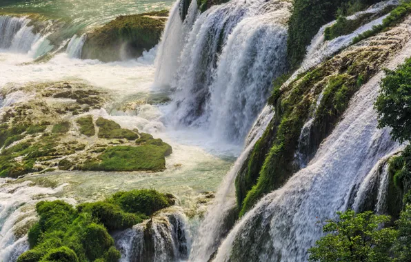 Зелень, камни, скалы, водопад, мох, поток, водопады