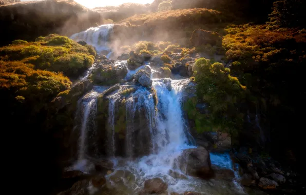 Камни, скалы, растительность, водопад, поток
