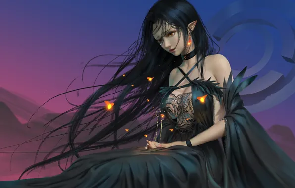 Картинка girl, fantasy, dress, red eyes, brunette, artist, elf, digital art