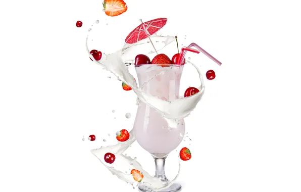 Картинка лед, брызги, Коктейль, ice, фрукты и ягоды на белом фоне, fruit and berries on a …
