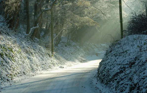 Картинка зима, дорога, свет, природа, утро, поворот