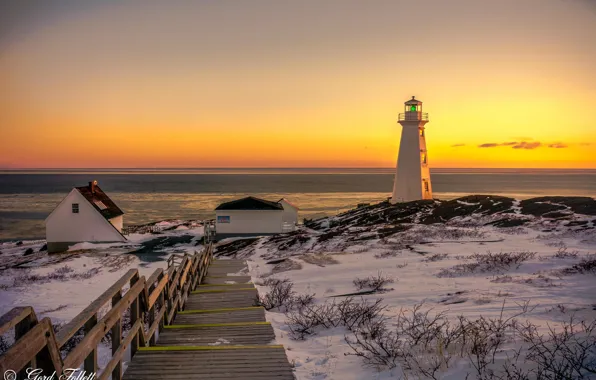 Картинка зима, океан, рассвет, берег, маяк