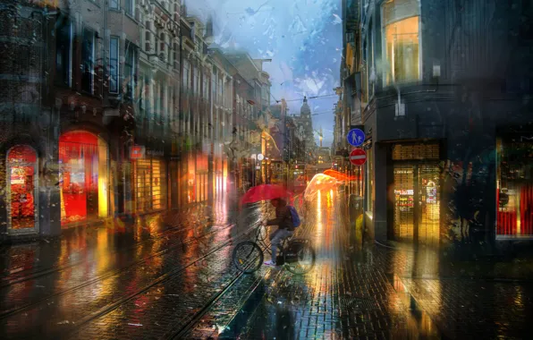 Картинка город, дождь, здания, рельсы, дома, освещение, Амстердам, велосипедист