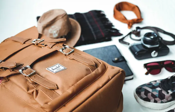 Кеды, камера, шарф, очки, тетрадь, рюкзак, notebook, camera