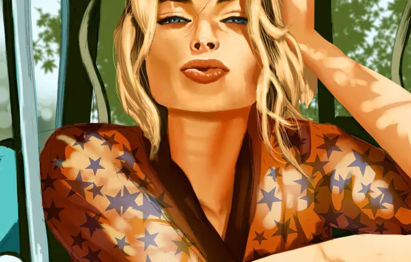 Девушка, Машина, Актриса, Арт, Margot Robbie, Марго Робби, Австралийская актриса