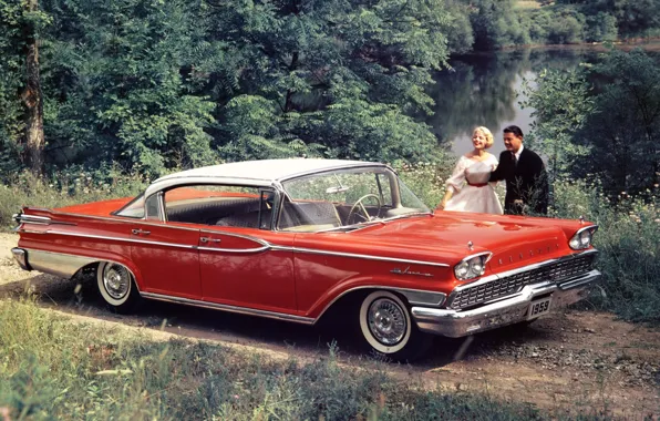 Картинка красный, люди, седан, передок, Sedan, Hardtop, 1959, Mercury