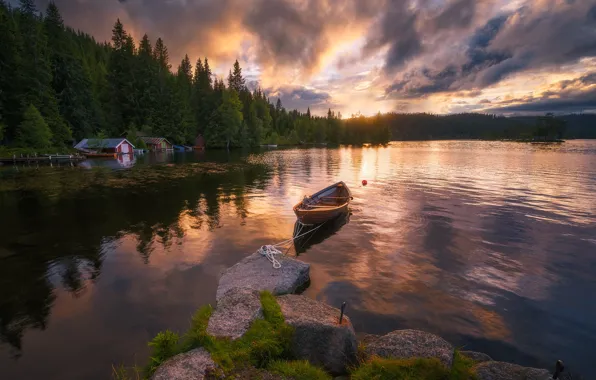 Озеро, лодка, Норвегия, Norway, Lakeside, Ringerike