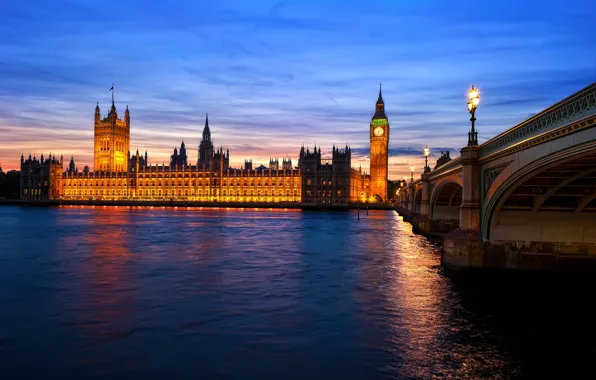 Картинка мост, огни, река, Англия, Лондон, вечер, сумерки