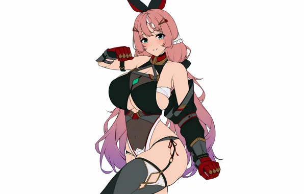 Girl, sexy, cleavage, thighhighs, pink hair, green eyes, long hair, boobs