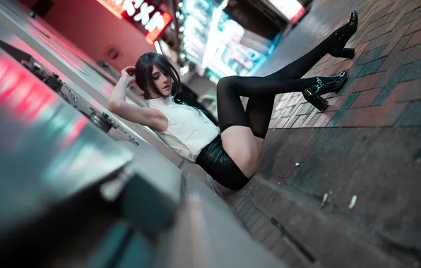 Latex, Asian, Model, Street, Woman, High Heels, Sitting, Outdoor