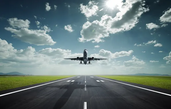 Картинка sky, clouds, airplane, landing, aviation, passenger