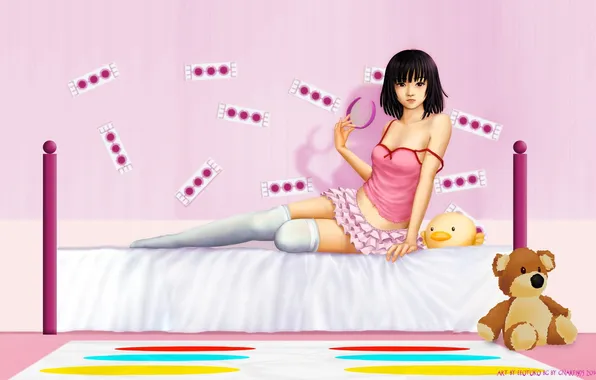 Картинка девушка, комната, игрушки, кровать, арт, nisemonogatari, sengoku nadeko, ebi