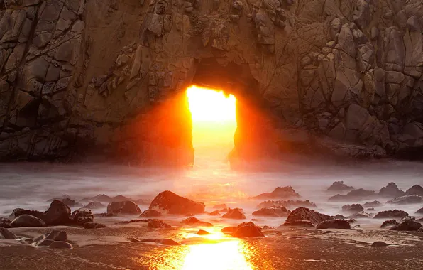 Картинка солнце, скала, океан, рассвет, Калифорния, арка, США, California
