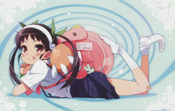 Школьница, гольфы, рюкзак, звездочки, Bakemonogatari, Hachikuji Mayoi, Истории чудовищ, by Yui Haga