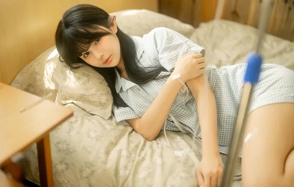 Beautiful, Asian, Model, Bed, Woman, Cute, Lying Down, Laying