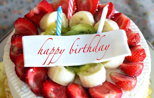Картинка день рождения, клубника, бананы, торт, cake, Happy Birthday, strawberry, fruits
