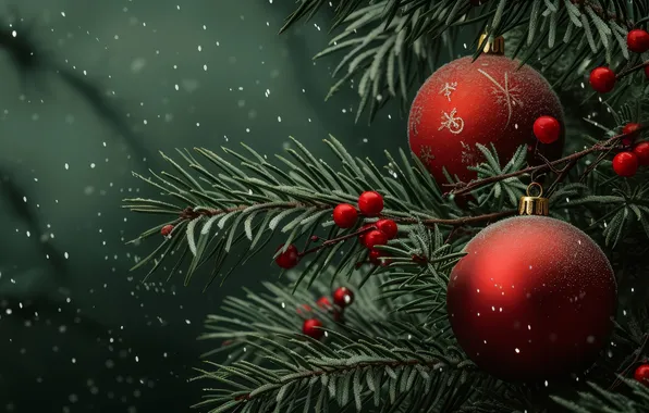 Шарики, ветки, ягоды, Рождество, красные, Новый год, хвоя, зеленый фон