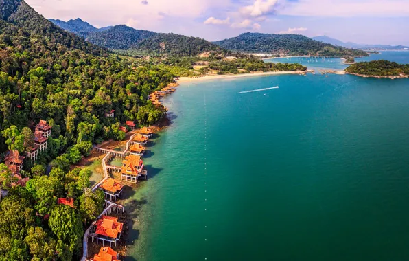 Картинка море, лес, небо, солнце, облака, деревья, горы, тропики