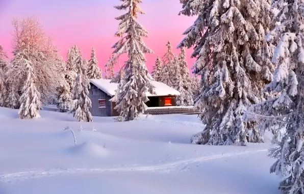 Картинка зима, небо, снег, деревья, пейзаж, горы, природа, дом
