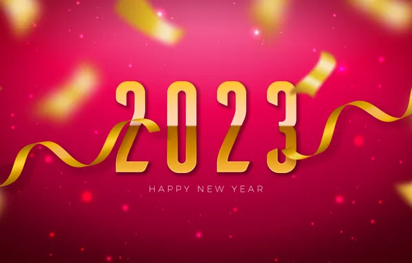 Блеск, цифры, Новый год, позолота, серпантин, розовый фон, дата, 2023