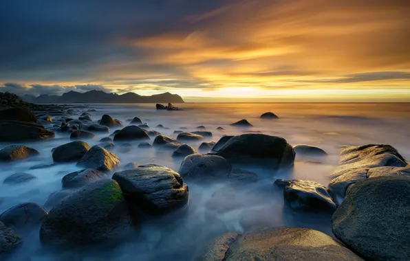 Картинка море, закат, камни, Норвегия, Norway, Lofoten, Nordland, Vikten