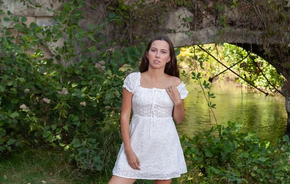 Long hair, model, brunette, gorgeous, photoshoot, posing, white dress, beautiful face