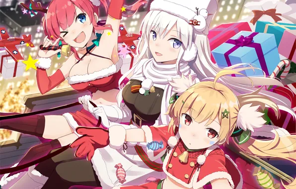 Девушки, новый год, рождество, аниме, арт, azur lane