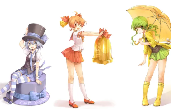 Картинка улыбка, девушки, шляпа, зонт, аниме, арт, колокольчик, rojiko