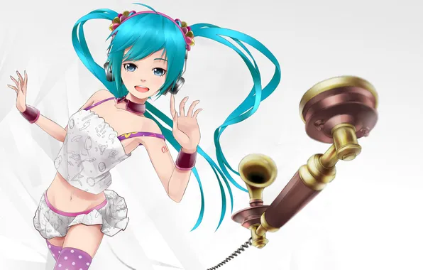 Девушка, фон, трубка, наушники, арт, телефон, vocaloid, hatsune miku