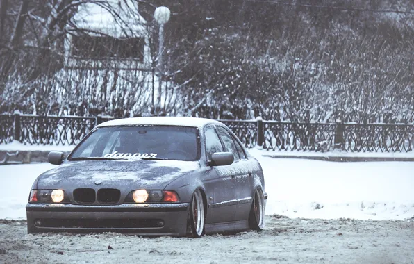 Зима, Снег, BMW, БМВ, Фары, E39, Stance, Спереди