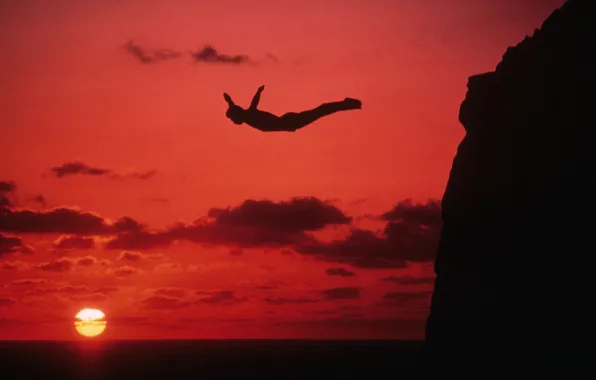 Sea, sunset, jump, man, cool, cliff