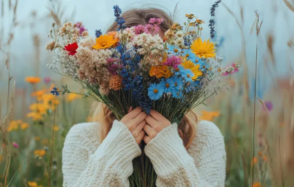 Поле, лето, девушка, цветы, природа, букет, руки, голубые