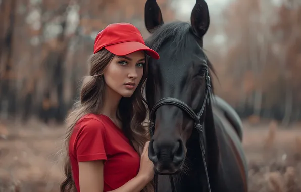 Лес, взгляд, девушка, природа, поза, конь, лошадь, портрет